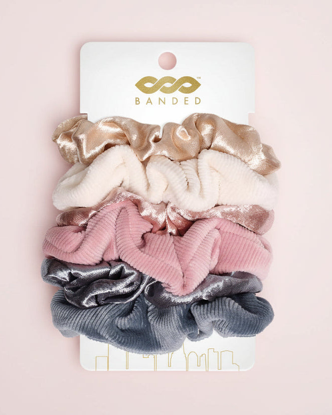 Set of colorful scrunchies on a white background 