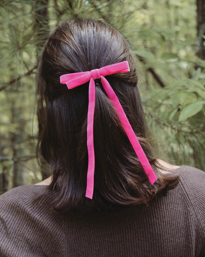 Pink Velvet Skinny Bow Barrette BANDED Hair Accessories