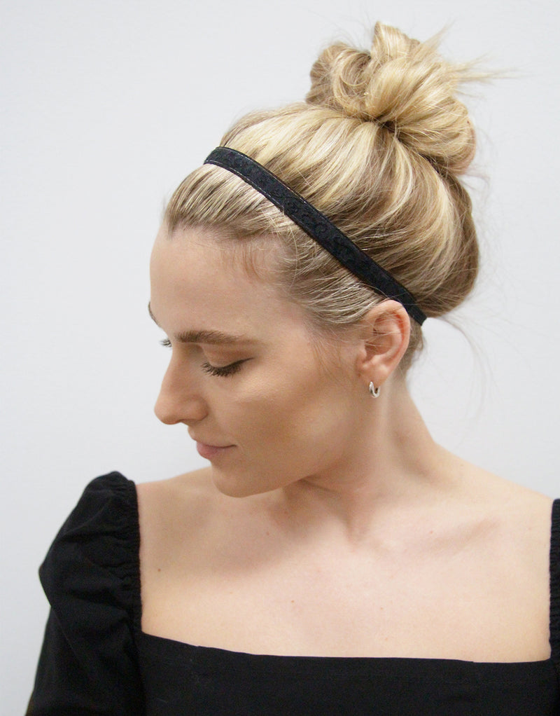 BANDED Women’s Premium Headbands + Hair Accessories - Black Scroll Solid - Skinny Headband