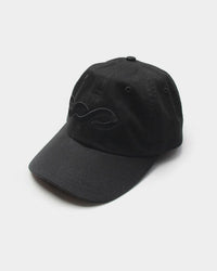 A black banded symbol ball cap with an adjustable leather strap at the back opening.